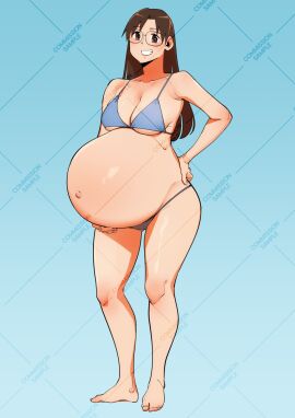 azumanga_daiou big_breasts bikini blush breasts brown_eyes brown_hair female glasses koyomi_mizuhara kyattorosu long_hair pregnant ready_to_pop smiling_at_viewer swimsuit