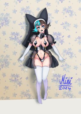 bare_midriff black_leather black_thong blue_eyes blue_hair blue_lipstick boob_window breasts breasts_bigger_than_torso breasts_out brown_hair chains cleavage cross exposed_panties exposed_thong eyeshadow female female_only gloves half-closed_eyes heart-shaped_nose heart_symbol heavy_eyeshadow indie_virtual_youtuber leather leather_clothing leather_lingerie lingerie lipstick long_gloves looking_away makeup minimaali minimaali_(artist) mouse_girl nipples_covered nun's_habit nun_habit nun_outfit puffy_short_sleeves revealing_clothes see-through_clothing see-through_skirt short_hair skimpy_clothes stockings thighhighs two-tone_hair virtual_youtuber vtuber wallpaper_(decoration) white_gloves white_stockings zipper