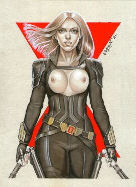 1girls black_widow_(marvel) bodysuit breasts breasts_out female marvel marvel_comics medium_breasts scarlett_johansson solo standing yuranart