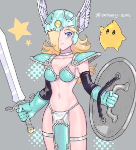 armor bikini blue_armor blue_eyes breasts cleavage dragon_quest dragon_quest_iii female gloves helmet loincloth luma mario_(series) nintendo one_eye_covered pauldrons platinum_blonde_hair princess_rosalina shield small_breasts smile smiling soldier_(dq3)_(cosplay) subway_sum sword winged_helmet