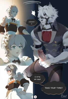2boys anthro butler canid canine canis caught caught_in_the_act caught_masturbating english_text fapping femboy fur furry gay maid maid_uniform male male_only mammal purrana von_lycaon white_body white_fur wise_(zenless_zone_zero) wolf yaoi zenless_zone_zero