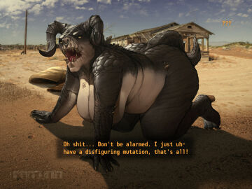 absurd_res all_fours anthro ass band1tnsfw belly bethesda_game_studios big_ass big_breasts big_butt big_horn breasts claws clothing curved_horn deathclaw desert dialogue dialogue_box digital_drawing_(artwork) digital_media_(artwork) earless english_text eyelashes facial_piercing fallout female female_anthro footwear glowing glowing_eyes hi_res high_heels horn huge_breasts lipless lizard long_eyelashes long_nails long_tail looking_at_viewer microsoft nose_piercing nose_ring nude nude_anthro nude_female orange_eyes outside overweight overweight_anthro overweight_female piercing portrait reptile ring_piercing scalie scar shoes solo tail text wide_hipped_anthro wide_hipped_female wide_hips