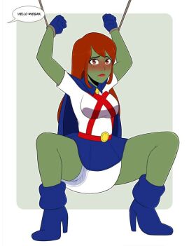 1girls abdl adult_baby big_diaper blue_boots blue_gloves blue_skirt blush bondage boots bound bound_wrists breasts cape dc dc_comics diaper diapered diapered_lovers female gloves green_skin long_hair megan_morse miss_martian pieceofsoap red_eyes red_hair restrained restraints shirt short_sleeves skirt squatting tagme worried worried_expression worried_expressions worried_face worried_look worry young_justice