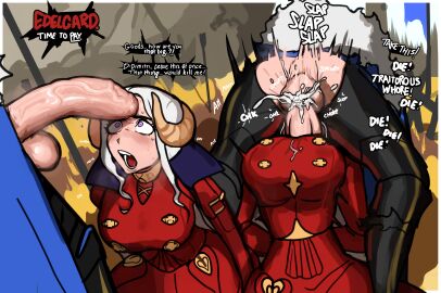 1boy 1girls 2koma armor backsack balls ballsack black_armor blue_cape blush cape clothed clothed_female clothed_male clothed_sex cock_shock cock_worship constricted_pupils cum defeated dimitri_alexandre_blaiddyd dolecat dress edelgard_von_hresvelg english english_text female female_focus fire_emblem fire_emblem:_three_houses imminent_rape instant_loss instant_loss_2koma light-skinned_female light-skinned_male light_skin male nintendo penis penis_awe post-timeskip purple_eyes red_dress sex shocked size_talk solo_focus speech_bubble sweat sweatdrop text throat_fuck uncensored white_hair