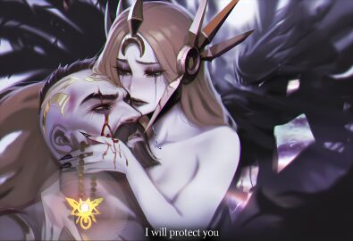 ai_art ai_assisted ai_generated aisei angel angel_light angel_wings artistic_background artistic_nude bald_male beautiful_sadness blood_drip blood_on_face couple couple_(romantic) couple_love crying crying_blood dramatic dramatic_pose forsaken ginger_female glass holding_head hug_from_behind inspired_by_music_album league_of_legends league_of_legends:_wild_rift leona_(league_of_legends) light meaning_of_death pantheon sad shattered tears