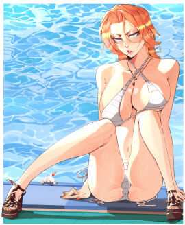 beach bikini bleach blue_eyes blush breasts clavicle cleavage clothing criss-cross_halter eyewear female footwear glasses halterneck high_heels jobin_chan large_breasts legs lips long_hair looking_at_viewer makeup matsumoto_rangiku multiple_females multiple_girls nail_polish navel orange_hair pool sandals shoes short_hair sitting solo striped striped_bikini swimsuit thighs toenail_polish toenails toshiro_hitsugaya water wet white_bikini white_swimsuit
