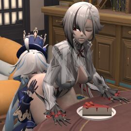 3d anilingus arlecchino_(genshin_impact) ass ass_eating ass_grab bedroom blender butt_grab cake female freshy_kanal furina_(genshin_impact) genshin_impact gloves grabbing grabbing_ass hat hoyoverse mihoyo rimming rimming_female table the_michael watermark white_hair yuri
