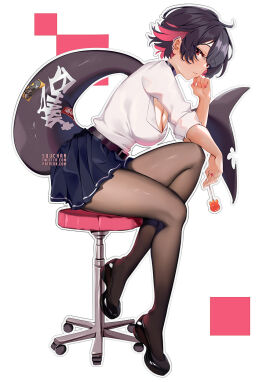 ass bangs belt black_footwear black_hair black_legwear black_skirt blue_skirt blush breasts bug butterfly candy chair cleavage collared_shirt crossed_legs dress_shirt earrings ellen_joe eyebrows_visible_through_hair female food full_body glasses hand_up high_heels insects jewelry large_breasts loafers lollipop looking_at_viewer miniskirt multicolored_hair pantyhose pencil_skirt pleated_skirt red_eyes red_hair shirt shoes short_hair short_sleeves sitting skirt solo squchan streaked_hair striped thighs two-tone_hair white_shirt zenless_zone_zero