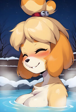 1girls ai_generated animal_crossing anthro blush breasts canine closed_eyes domestic_dog female female_only furry isabelle_(animal_crossing) nintendo nude nuken-ai solo teeth wet