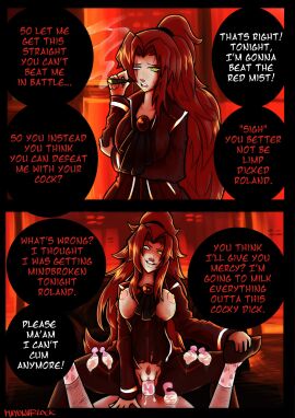 1boy 1girls 2koma cigar colored_text condom cowgirl_position dialogue dominant dominant_female dominated_male female gebura_(lobotomy_corporation) instant_loss instant_loss_2koma library_of_ruina lobotomy_corporation male mayowarlock mostly_clothed_female project_moon pussy red_hair roland roland_(library_of_ruina) sex straight used_condom used_condoms vaginal vaginal_penetration vaginal_sex yellow_eyes