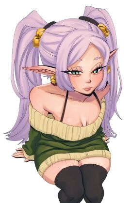 1girls 2d 2d_(artwork) absurd_res bell_earrings black_thighhighs blue_eyes bra_strap breasts christmas christmas_outfit clothed dress earrings elf elf_ears elf_female female female_only frieren frown green_dress hair_bell highres invisible_chair jingle_bell legs_together long_eyelashes looking_at_viewer mahmapuu mature_female non-human non-human_only off-shoulder_dress pointy_ears purple_hair questionable sitting skindentation small_breasts solo solo_female sousou_no_frieren sweater_dress thick_thighs thighhighs twintails very_long_hair wrinkles zettai_ryouiki