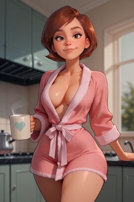 ai_generated bathrobe breasts brown_eyes brown_hair buildabaeworkshop cleavage curvaceous curvy curvy_body curvy_figure elastigirl female female_focus flirting helen_parr hips mature mature_female pink_bathrobe revealing_clothes sexy short_hair tagme the_incredibles thick thick_thighs wide_hips