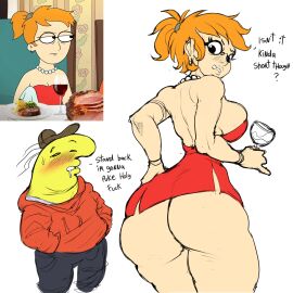 1boy 1girls ass back_view big_ass big_breasts big_thighs blush breasts busty charlie_(smiling_friends) clothed clothing darknud dialogue dress fat_ass female freckles gigantic_ass gigantic_thighs girlfriend glasses huge_ass huge_thighs large_breasts looking_back male orange_hair ponytail pose posing red_dress sideboob smiling_friends text thick_thighs thighs voluptuous wine wine_glass zoey_(smiling_friends)