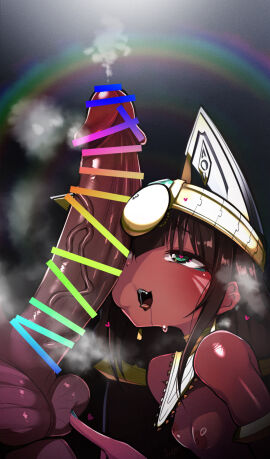 1boy 1girls ancient_egyptian animal_ears balls black_hair breasts cat_ears censored dai_yasude dark-skinned_female dark_skin erection female green_eyes highres male meme nipples open_mouth original penis penis_awe rainbow saliva small_breasts smile steaming_body straight suez-chan testicles