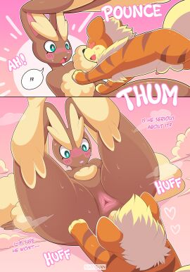 ambiguous_gender anthro anthro_on_feral blush bodily_fluids canid canine cloud_emanata comic dialogue emanata embarrassed english_text featureless_crotch feral generation_1_pokemon generation_4_pokemon growlithe gunther_(mating_season) heart_eyes heart_symbol hi_res lagomorph leporid lopunny mammal nikkibunn nintendo pokemon pokemon_(species) pounce rabbit sweat sweatdrop text watermark zoophilia