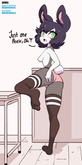 1girls 60fps animal_ears animated anthro ass black_hair blush bunny_ears diives female fur green_eyes heart leg_up looking_back nat_(vesperinox) no_shoes no_sound original panties short_hair shorter_than_10_seconds skirt_lift socks sweat text thighhighs vertical_video video