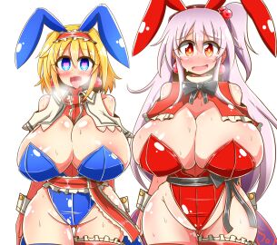2girls alice_margatroid blonde_hair blue_bunnysuit blue_eyes breasts breasts_bigger_than_head breath bunny_ears bunny_girl bunnysuit earrings female hairband heart-shaped_pupils huge_breasts hypnosis hypnotic_accessory mind_control mother_and_daughter open_mouth red_bunnysuit red_eyes red_hairband rindou_(p41neko) scared shinki shinki_(touhou) silver_hair tears tongue tongue_out touhou touhou_(pc-98) worried