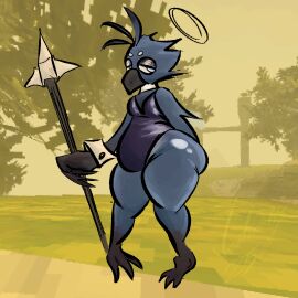 ass ass_grab atlyss avian avian_feet bedroom_eyes big_ass big_butt bunny_costume butt_grab byrdle_(atlyss) clothing_swap collar cosplay crossdressing embarrassed femboy focus glistening_body glistening_eyes halo latex latex_clothing latex_skinsuit looking_away male male_focus overweight overweight_male slightly_chubby solo tight_clothing ventusky weapon