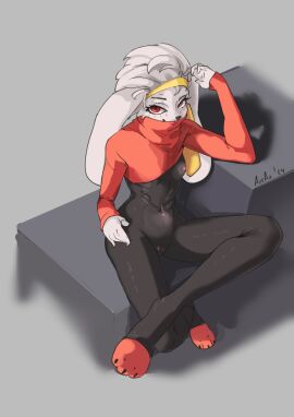 2024 3_toes accessory anthro arrax_(wdah8558) bodysuit breasts camel_toe cameltoe clothed clothing covered_mouth crossed_legs digital_media_(artwork) feet female floppy_ears fur generation_8_pokemon hair headband hi_res high-angle_view lagomorph latex latex_clothing latex_skinsuit looking_at_viewer mammal navel_outline nintendo nipple_outline one_breast_out paws pokemon pokemon_(species) pussy raboot red_eyes simple_background sitting skinsuit smile solo tight_clothing toes white_body white_fur