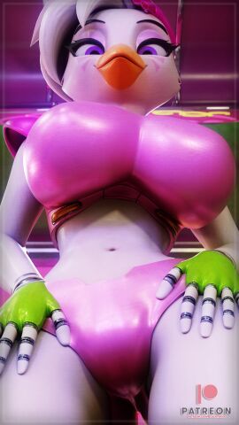 3d 3d_model big_breasts blackterio breasts chicken chicken_girl female five_nights_at_freddy's five_nights_at_freddy's:_security_breach fnaf glamrock_chica_(fnaf) glamrock_chica_(mayosplash) looking_at_viewer looking_down_at_viewer mayosplash patreon pink_clothing purple_eyes scottgames solo steel_wool_studios white_body