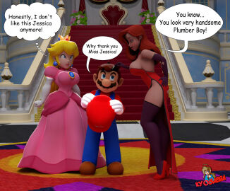 1boy 2girls 3d ass big_ass big_breasts blonde_hair blue_eyes breasts brown_hair caressing_hair crossover envious envy eyeshadow female flirtatious flirting green_eyes high_heels horny_female horny_male jealous jealous_female jessica_rabbit kyosaeba larger_female male mario mario_(series) princess_peach purple_gloves purple_thighhighs red_dress red_hair revealing_clothes seducing seductive smaller_male thick_thighs who_framed_roger_rabbit