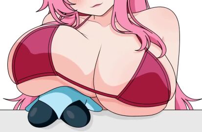 animated bare_shoulders bikini blush bouncing_breasts breasts chattino_(raora_panthera) closed_mouth collarbone commentary crushing english_commentary eyes_out_of_frame face_down female head_out_of_frame hololive hololive_english huge_breasts long_hair minhart pink_bikini pink_hair pink_lips raora_panthera simple_background skindentation smile swimsuit table tagme twitter video virtual_youtuber white_background youtube youtuber youtuber_girl youtubers