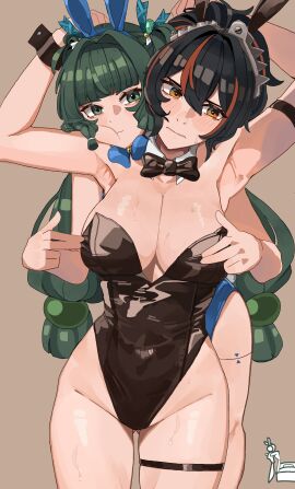 2girls absurdres alternate_costume android animal_ear_hairband animal_ears arm_strap armpits arms_up black_bow black_bowtie black_leotard blue_bow blue_bowtie blue_leotard blush bow bowtie breasts brown_background capkal detached_collar fake_animal_ears female green_eyes green_hair hairband head_on_another's_shoulder highres large_breasts leotard long_hair metal_hairband multicolored_hair multiple_females multiple_girls nipple_press nipple_stimulation playboy_bunny ponytail qingyi_(zenless_zone_zero) rabbit_ear_hairband rabbit_ears red_eyes red_hair robot_girl strapless strapless_leotard streaked_hair sweat thigh_strap yuri zenless_zone_zero zhu_yuan