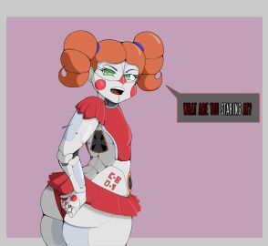 animatronic ass ass_focus baby_(fnafsl) big_ass breasts circus_baby circus_baby_(fnaf) clown clown_girl english_text female five_nights_at_freddy's five_nights_at_freddy's:_sister_location green_eyes looking_at_viewer looking_back miniskirt neffsafeforwork robot robot_girl short_skirt skirt small_breasts solo text wide_hips