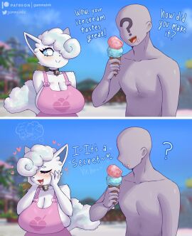 1boy 1girls alice_(gammainks) alolan_vulpix anon anonymous_male apron big_breasts blush breast_squish breasts closed_eyes dialogue embarrassed english_text eyeless_male female gammainks generation_1_pokemon heart hi_res ice_cream male neck_bell nintendo pokemon pokemon_(species) sideboob smile two_panel_image vulpix