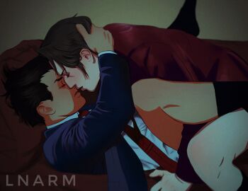 2023 black_hair color colored gay grey_hair gyakuten_saiban hand_behind_head hand_on_head implied_anal implied_penetration implied_sex kissing kissing_while_penetrated laying laying_down laying_on_back laying_on_bed lying lying_down lying_on_back lying_on_bed male miles_edgeworth naruhodou_ryuuichi offscreen_sex short_hair sirgaytoad suit suit_and_tie wrightworth yaoi