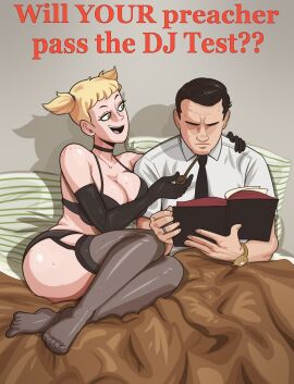 1boy 1girls alternate_version_available armwear ass bed bedroom bedroom_eyes big_breasts black_armwear black_thighhighs blonde_hair breast_freckles breasts busty cleavage curvaceous curvy curvy_female curvy_figure dj_(hellonearthiii) english_text female freckled_skin freckles freckles_on_breasts garter_straps green_eyes hellonearthiii hi_res high_resolution highres imminent_sex large_breasts light-skinned_female light-skinned_male light_skin lingerie male male/female oc original original_character original_characters pripyatory_(hellonearthiii) seducing seductive seductive_look seductive_smile straight tagme tease teasing temptation tempting text thighhighs twintails voluptuous voluptuous_female