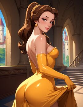 1girls ai_generated arched_back ass back_view beast_(disney) beauty_and_the_beast belle belle_(beauty_and_the_beast) big_butt blush breasts brown_eyes brown_hair clothed clothing disney disney_princess dress dress_lift earrings female female_only gloves inviting light-skinned_female light_skin long_gloves long_hair looking_at_viewer looking_back pinup ponytail presenting presenting_hindquarters pussy_juice shiny shiny_skin sideboob skirt_lift slim_waist smile smiling_at_viewer solo solo_female standing thick_ass thick_thighs thighs tied_hair tight_clothing vertiloart wedgie