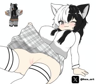 1girls anus art.hex art_hex black_and_white_hair black_eyes blush bottomless cute female looking no_panties partially_clothed presenting presenting_pussy pussy reference_image request roblox roblox_avatar robloxian self_upload shy sit solo_focus spread_legs striped_skirt tagme white_scarf white_shirt