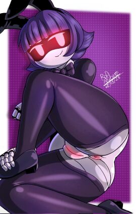 1girls anus artist_name artist_signature ass bowtie bunny_ears female female_only furry_murder_drone glitch_productions legs murder_drones playboy_bunny purple_hair pussy red_eyes robot robot_girl robot_humanoid rod_akihiro short_hair smiling solo solo_female stockings thighs yeva_(murder_drones)