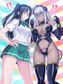 !? 1girls 2girls absurdres ass_visible_through_thighs bare_midriff bare_thighs black_hair breasts commission dark-skinned_female dark_skin demon demon_girl demon_horns demon_tail demon_wings earrings elbow_gloves female female_only fur_trim gloves green_eyes green_skirt grey_hair hands_on_own_hips highres horns jewelry large_breasts long_hair looking_down medium_breasts midriff multiple_females multiple_girls navel original pixiv_commission pubic_tattoo purple_eyes revealing_clothes ribimura shiny_clothes shiny_skin shirt skirt standing succubus succubus_tattoo surprised tail tattoo thighhighs thighs two_side_up white_shirt wings
