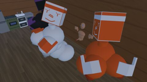 3girls1boy breasts female giantess hyper_breasts larger_female long_penis male penis rec_room recroom reverse_rape trapped worried_expression