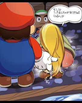 1boy bar_censor black_eyes blonde_hair blue_overalls blush brown_footwear brown_hair censored clitoris commentary_request diz_(diznaoto) facing_away fangs female fingering gloves goom_goom_(mario) goombella green_hat grey_helmet hand_under_clothes hat heart heel_up helmet highres in-universe_location indoors letterboxed long_hair long_sleeves looking_at_another male mario mario_(series) open_mouth outline overalls paper_mario paper_mario:_the_thousand_year_door ponytail public public_indecency pussy pussy_juice red_hat red_shirt shirt shoes short_hair speech_bubble spoken_heart steam steaming_body straight sweat talking translation_request trembling vaginal_penetration white_gloves white_outline zoophilia