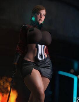 1girls 3d alternate_breast_size blurry_background breasts crossover curvaceous curvy curvy_female cybernetics cyberpunk cyberpunk_2077 ellie_(the_last_of_us) ellie_williams female female_only freckles freckles_on_face glowing_earrings highres holding_baton huge_breasts human large_breasts make_up pink_eyes rude_frog see-through_top solo solo_female text the_last_of_us the_last_of_us_2 thick_thighs