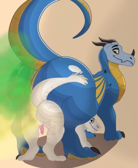 all_fours anthro anus ass balls big_ass big_butt digital_media_(artwork) dragon duo fart fart_cloud fart_fetish farting_contest feral genitals grascal hi_res horn looking_back male male/male membrane_(anatomy) membranous_wings mythological_creature mythological_scalie mythology penis presenting presenting_hindquarters raised_tail scalie sergal size_difference tail weksoida wings xander_(earlpolar)