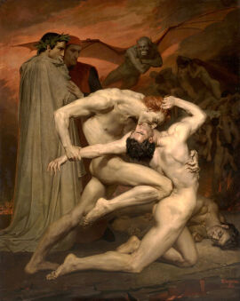 1850 19th_century 1girls 6+boys absurd_res ancient_art arm_grab being_watched black_hair capocchio catholic christianity cloak clothed clothed_male_nude_female clothed_male_nude_male clothing completely_nude crossed_arms dante's_inferno dante_alighieri dante_and_virgile demon demon_humanoid detailed detailed_background devil divine_comedy female fight fine_art flying green_body green_skin group hair hell hi_res human humanoid humanoid_hands humanoid_pointy_ears literature looking_at_another male male_focus mammal membrane_(anatomy) membranous_wings nipples nude nude_female nude_male oil_painting_(artwork) orange_hair orange_sky painting_(artwork) photorealism public_domain publius_vergilius_maro realistic red_clothing schicchi sharp_teeth sky teeth traditional_media_(artwork) virgil_(roman_history) william-adolphe_bouguereau wings wreath