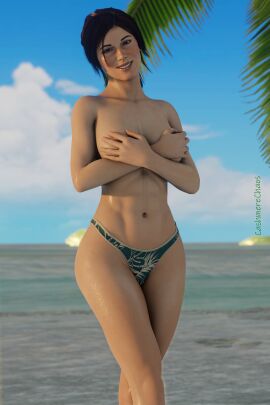 3d beach bikini bikini_bottom breasts busty cashmerechaos female female_focus hourglass_figure lara_croft lara_croft_(survivor) outdoors outside tagme tomb_raider topless wide_hips