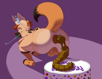 anthro anus ass balls birthday birthday_cake black_body black_fur brown_body brown_fur brown_hair cake canid canine clothing dessert dipstick_tail dusky_(floofer318) el_brapitto feces feces_on_food feces_pile fennec_fox food fox fur genitals hair hat headgear headwear hi_res leg_markings looking_back male male_pooping mammal markings multicolored_body multicolored_fur narrowed_eyes open_mouth open_smile party_hat party_horn pooping_on_food purple_background raised_tail scat scatplay simple_background smile socks_(marking) solo tail tail_markings tan_body tan_fur teeth true_fox yellow_eyes