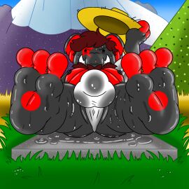 anthro asian_clothing ass balls black_body black_skin bodily_fluids clothing coat east_asian_clothing elephant elephantid feet fundoshi g10_elephant_(h8rny_drag0ny) genitals grass h8rny_drag0ny hair_chest hat headgear headwear hi_res japanese_clothing landscape male mammal mountain nipples paws plant proboscidean red_body red_skin solo straw_hat sweat sweatdrop sweaty_balls sweaty_butt sweaty_feet sweaty_genitalia topwear translucent underwear