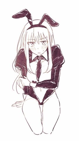 alternate_costume arm_under_breasts blush breasts bunny_ears bunny_girl bunnysuit embarrassed female female_only gintama heart_pasties long_hair looking_at_viewer low-tied_long_hair medium_breasts monochrome mutsu_(gintama) necktie pasties playboy_bunny reverse_bunnysuit shrug_(clothing) shy sketch solo suriran sweatdrop