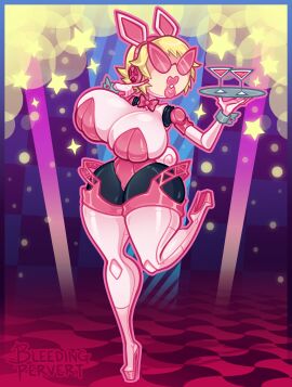 aegis_(persona) aigis_(persona) bimbofication bleeding_pervert bleedingpervert breasts bunny_ears bunnysuit cuffs fake_animal_ears female high_heels knick_knack large_breasts large_lips persona_(series) persona_3 robot robot_girl sunglasses sunnification tray waitress