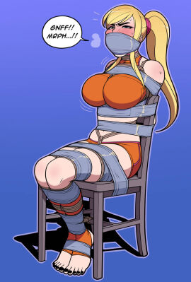 2024 big_breasts blonde-haired_female blonde_female blonde_hair blush bondage bound_arms bound_legs bound_wrists breasts casual_outfit_(metroid) chair chair_bondage crotch_rope feet feet_tied feet_together female female_focus female_only gag gagged huge_breasts human jam-orbital light-skinned_female light_skin metroid nail_polish nintendo samus_aran submissive submissive_female tape tape_bondage tape_gag taped_mouth text thick_thighs thighs toes