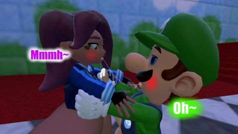 3d blushing bottomless desti_(smg4) dialogue garry's_mod gmod kaibernation kissing luigi mario_(series) moaning saliva_string smg4 text thick