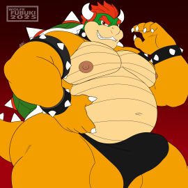 1boy 2_horns anthro areola armband ass balls bara belly biceps big_belly big_butt big_muscles big_pecs black_clothing bowser bracelet bulge claws clothed clothing collar detailed_bulge erection erection_under_clothing eyebrows fat fat_belly fat_male genital_outline genitals gradient_background grin hair hi_res horn jewelry koopa looking_at_viewer male male_nipples male_only mario_(series) moobs muscles muscular muscular_anthro muscular_male navel nintendo nipples non-mammal_nipples obese obese_anthro obese_male overweight overweight_anthro overweight_male pecs penis red_background red_eyes red_hair reptile scalie shell simple_background smile solo spiked_armband spiked_bracelet spiked_collar spiked_shell spikes spikes_(anatomy) standing tail teeth tenting thick_thighs thong underwear wolfe_fubuki yaoi yellow_body