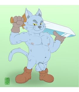 2025 absurd_res balls belly boots catzerker clothing colored digital_media_(artwork) flaccid footwear foreskin garo_(artist) genitals gloves handwear hi_res humanoid_genitalia inner_ear_fluff letterbox line_art looking_at_viewer male male_only melee_weapon monster monster_sanctuary navel nipples pecs penis pubes shoes short_stack simple_background solo standing sword tail thick_neck tuft uncircumcised weapon whiskers