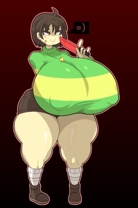 1girls 2d ass ass_bigger_than_head breasts breasts_bigger_than_head casual_nudity chara clothed female female_chara female_only huge_ass huge_breasts knife kumomogi nipples_visible_through_clothing no_bra smile solo teasing undertale undertale_(series)